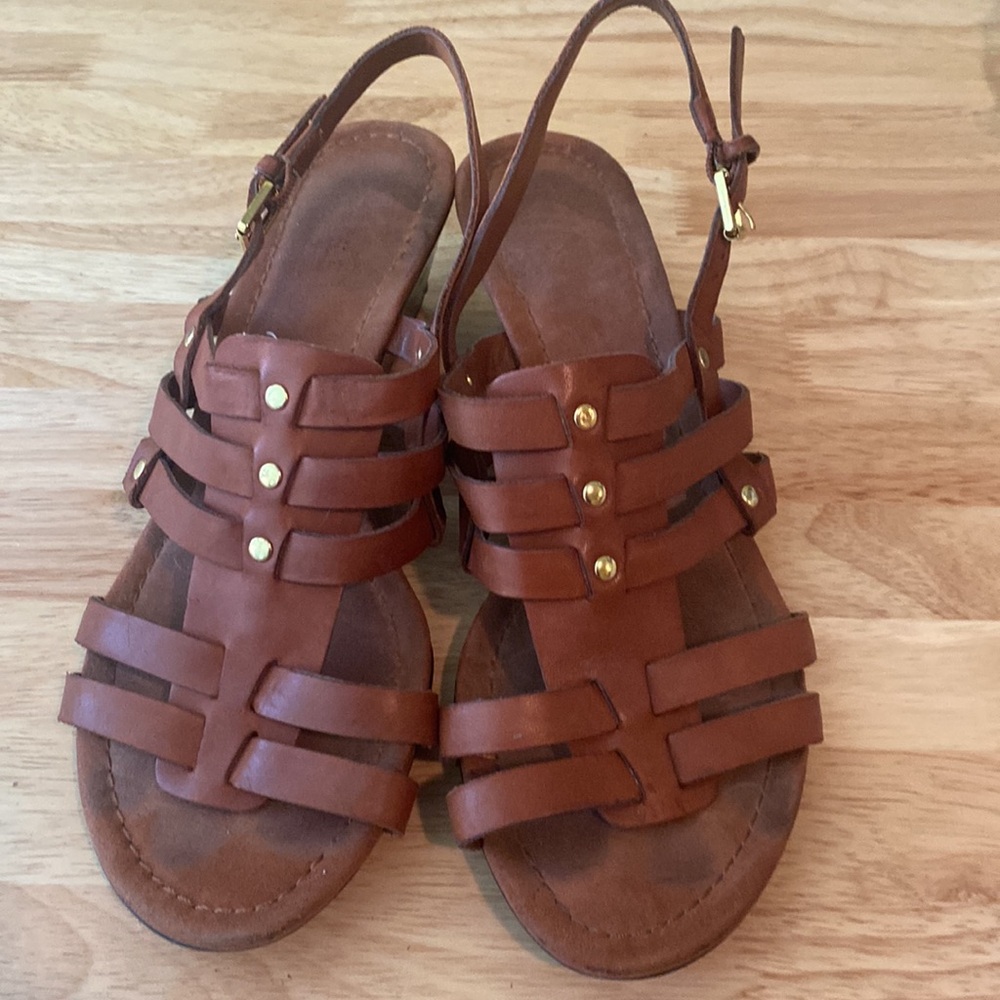Lauren Ralph Lauren Leather Strappy Wedge Huarache Studded Sandals